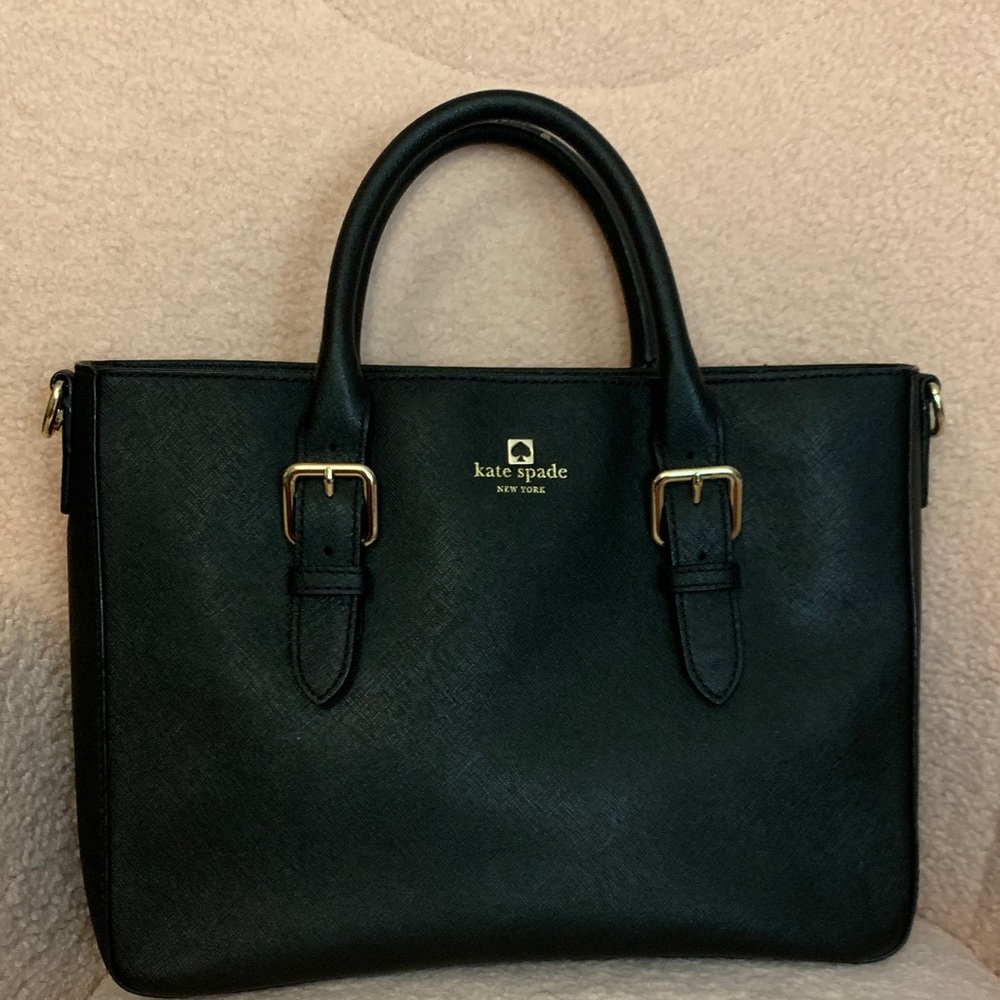 kate spade Black Leather Saffiano Satchel with Gold Hardware